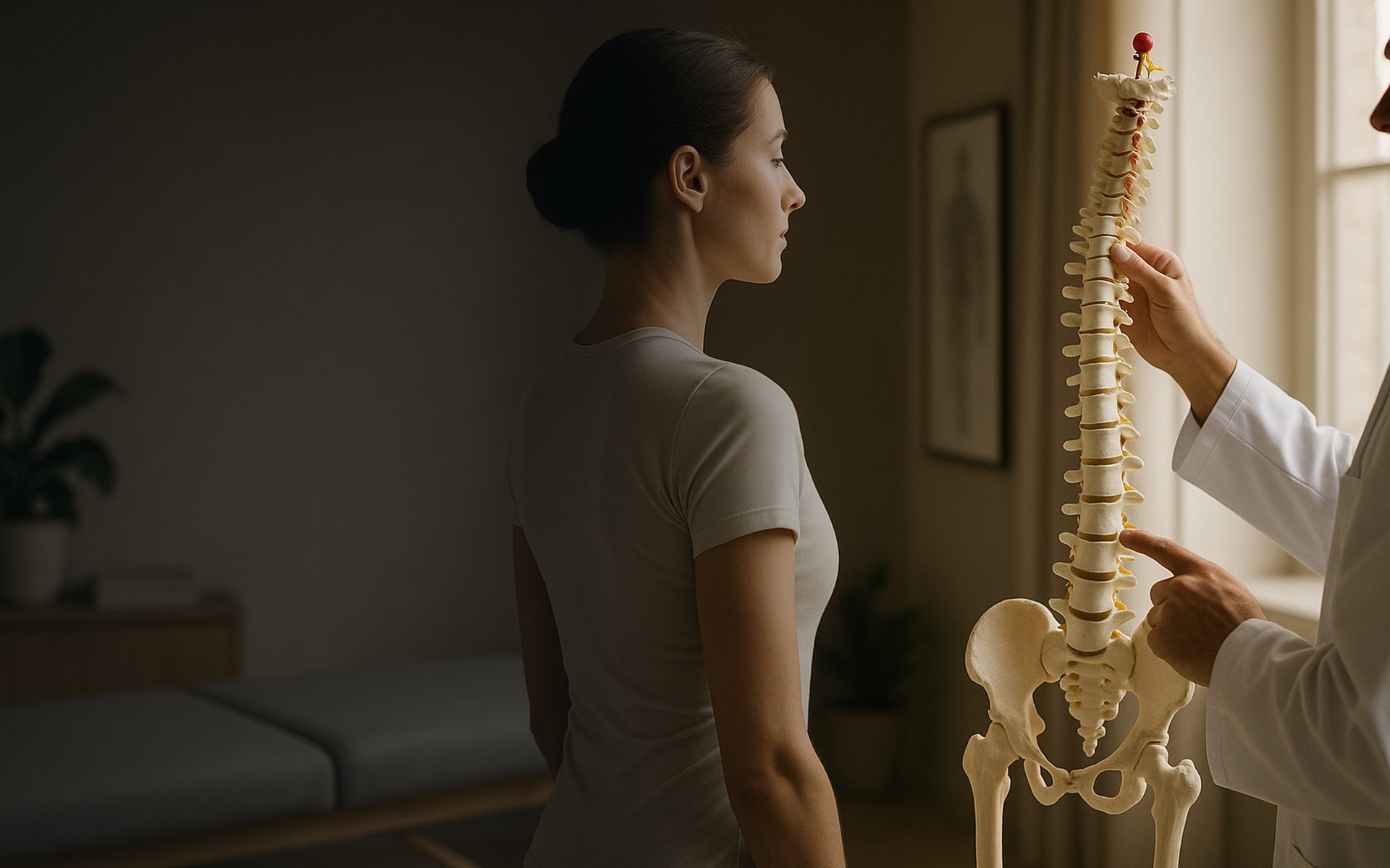 A clinician presenting an anatomical spine model to a patient at Bethesda Scoliosis & Posture